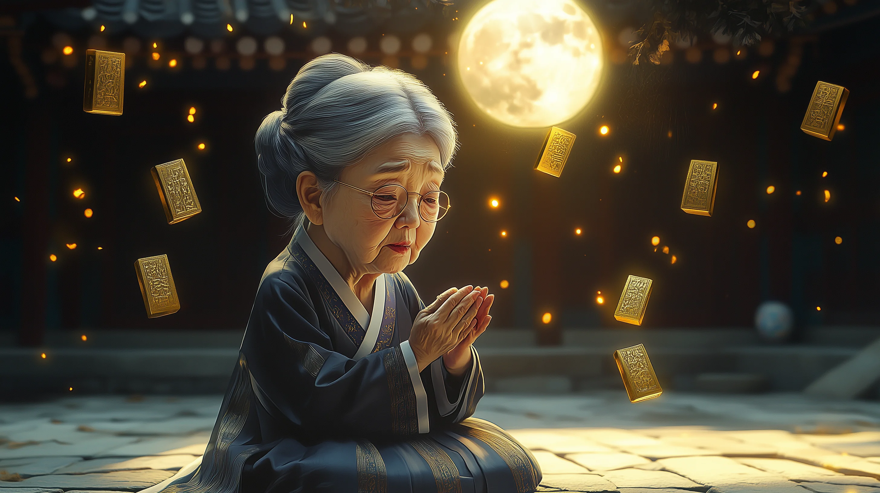 한복을 입은 옥춘할매가 보름달 아래에서 합장하고 있고, 황금 사주판이 떠다닌다