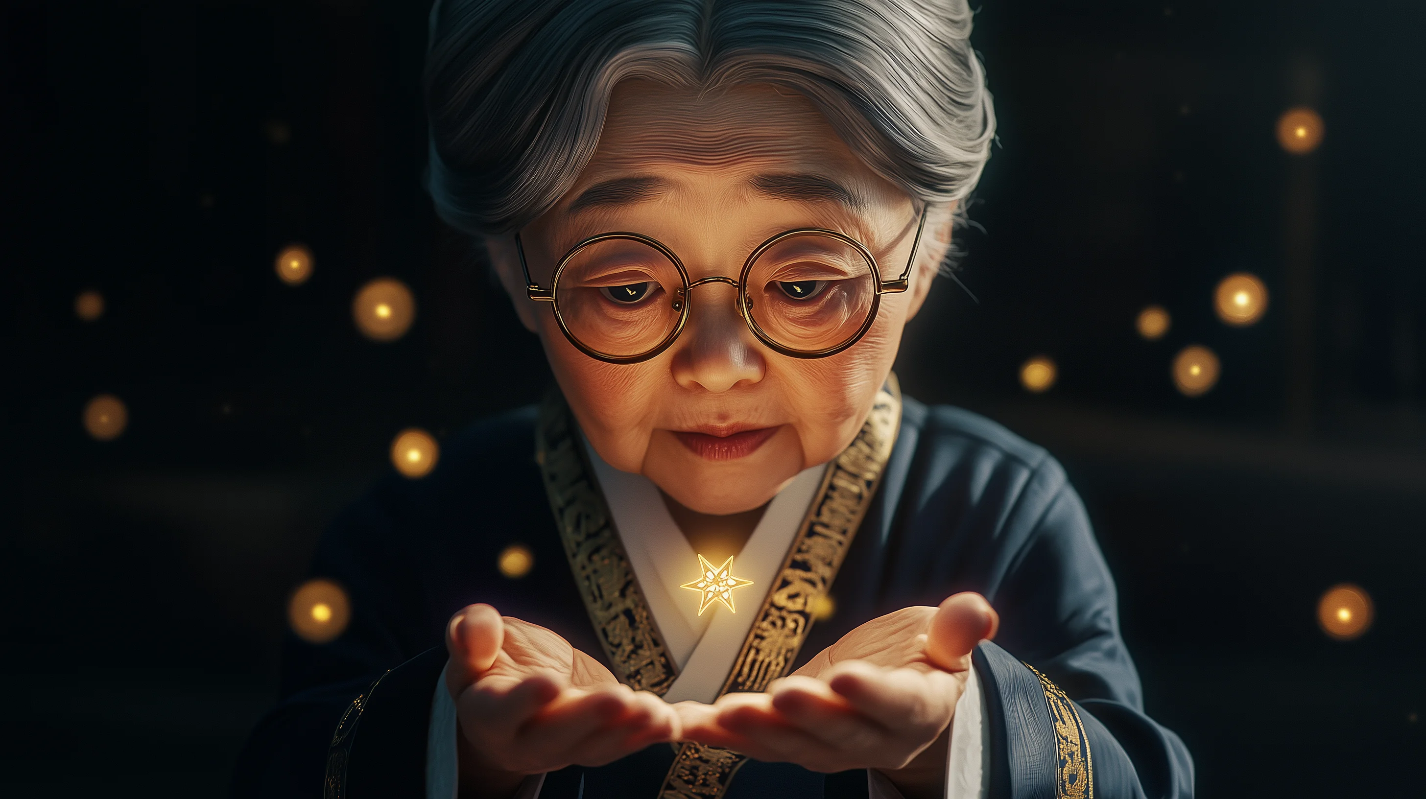 옥춘할매가 두 손으로 작은 별을 받아드는 모습. 얼굴 클로즈업