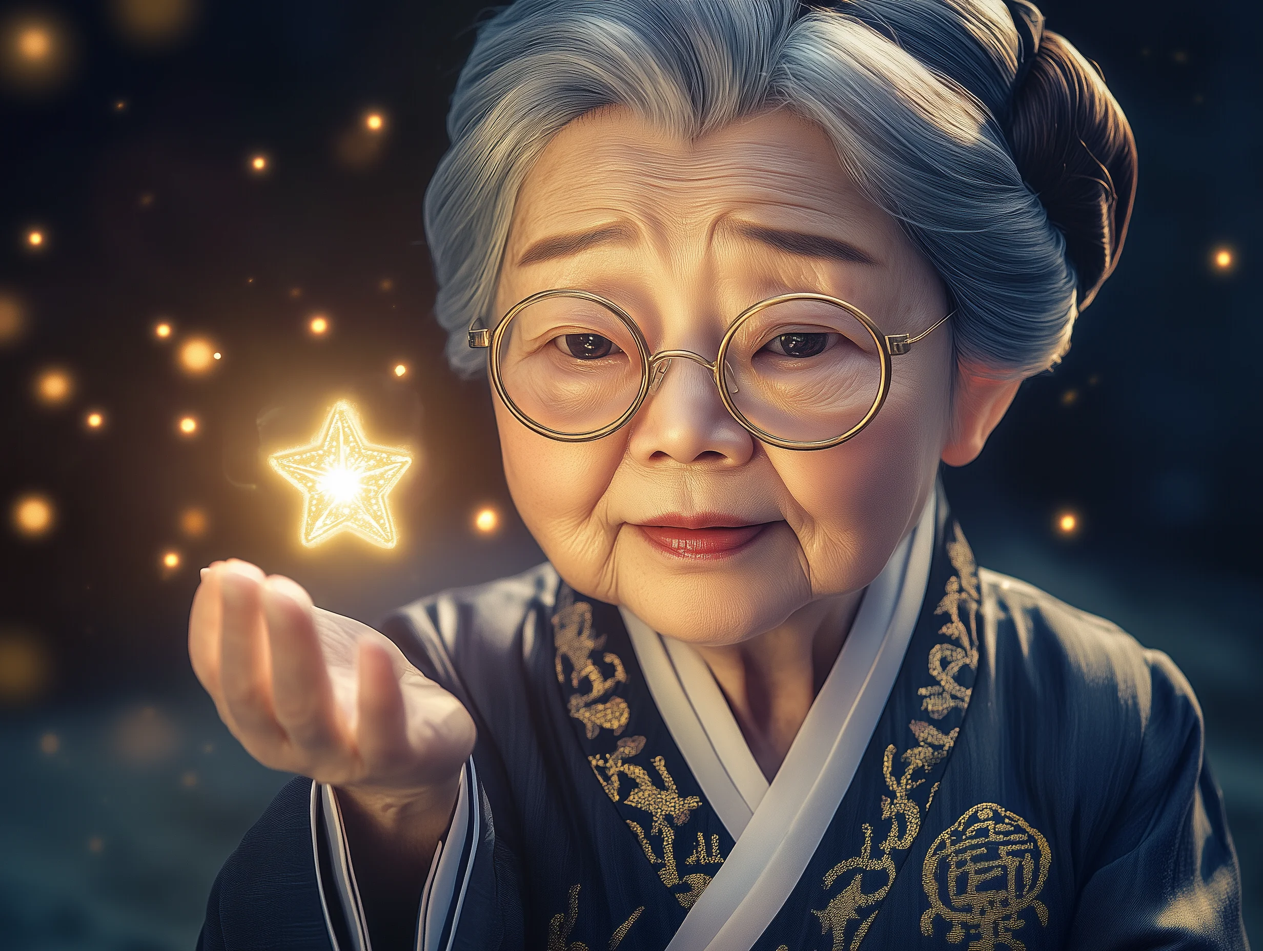 옥춘할매가 손가락 위에 빛나는 별을 들고 부드럽게 미소 짓는다