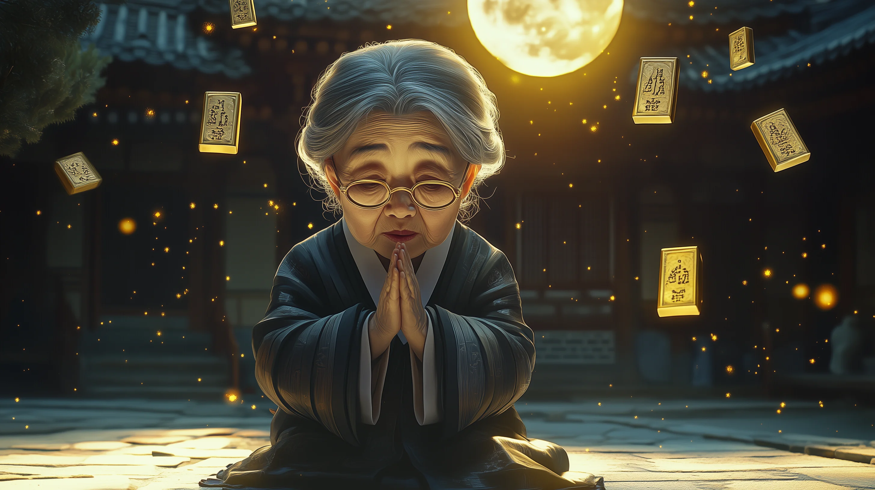 커다란 보름달 아래 옥춘할매가 합장하고, 황금 사주판이 사방에 떠다닌다