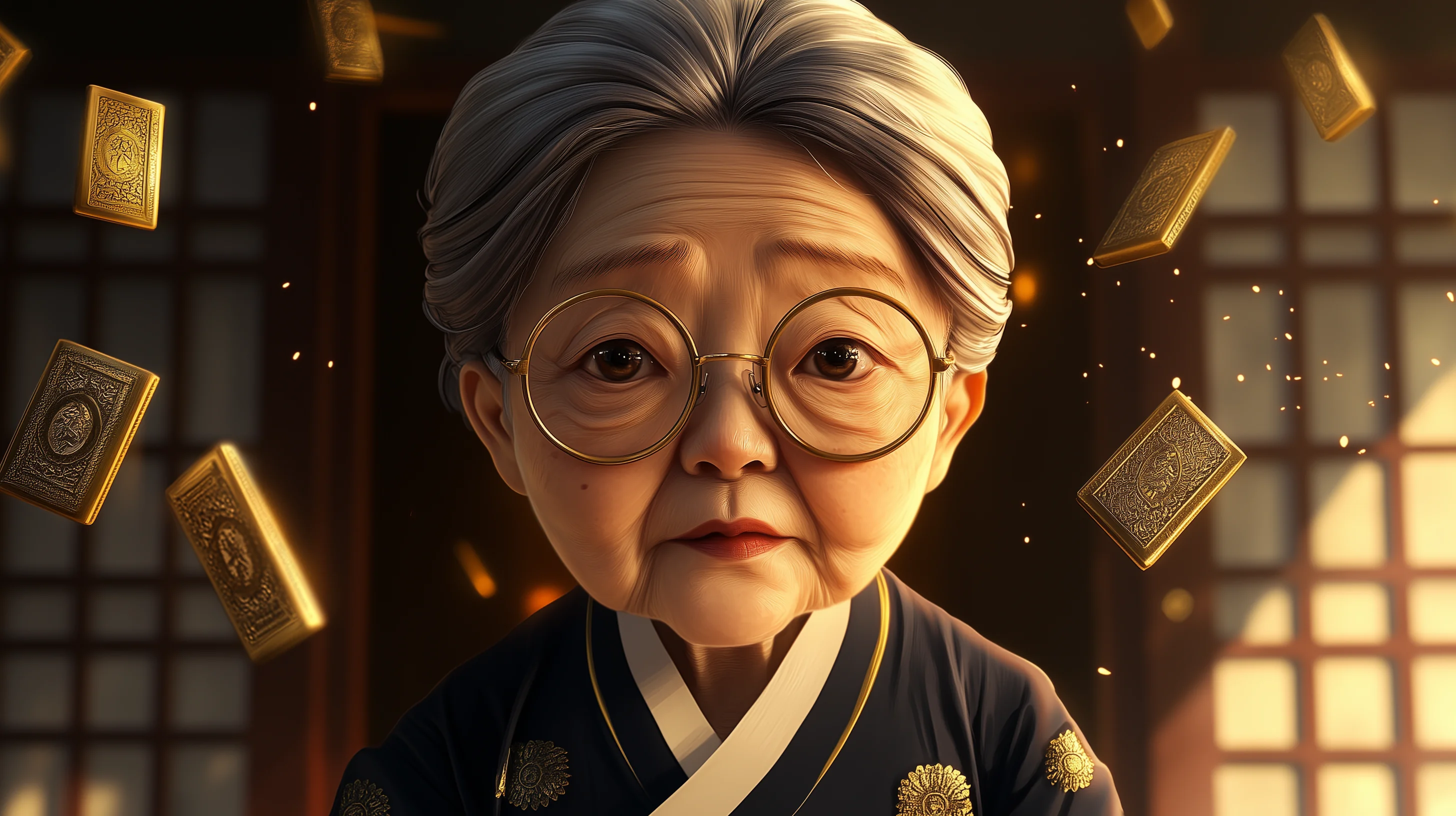 옥춘할매의 얼굴 클로즈업, 사주판을 배경으로 정면을 응시한다